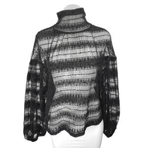 Express Women's Black Metallic Lace Long Sleeve Turtleneck Sheer Blouse Top Sz M